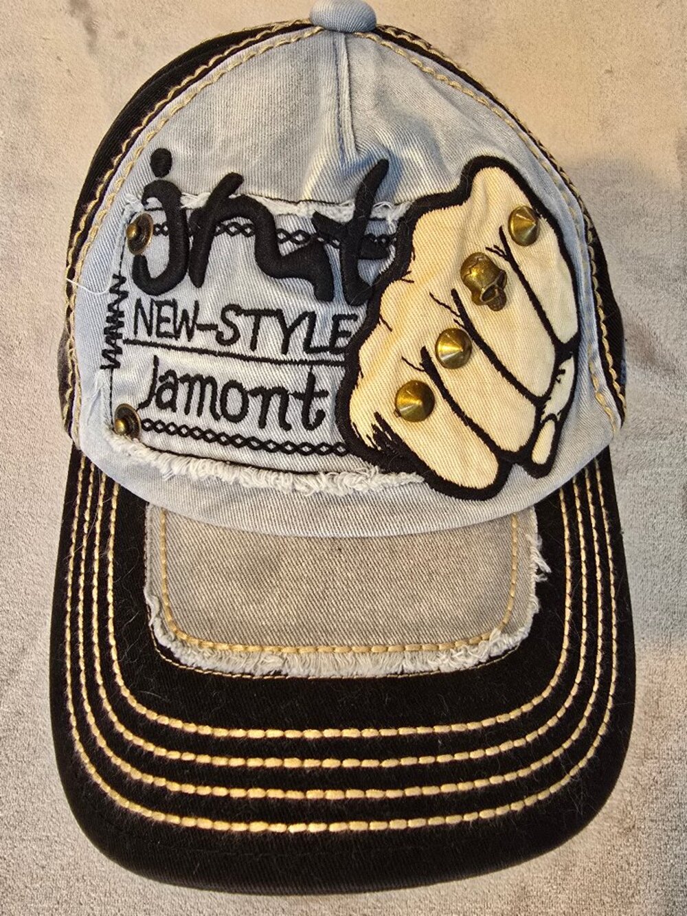 NWT Vintage Distressed Jamont "Iron Fist" Studded Denim Baseball Cap